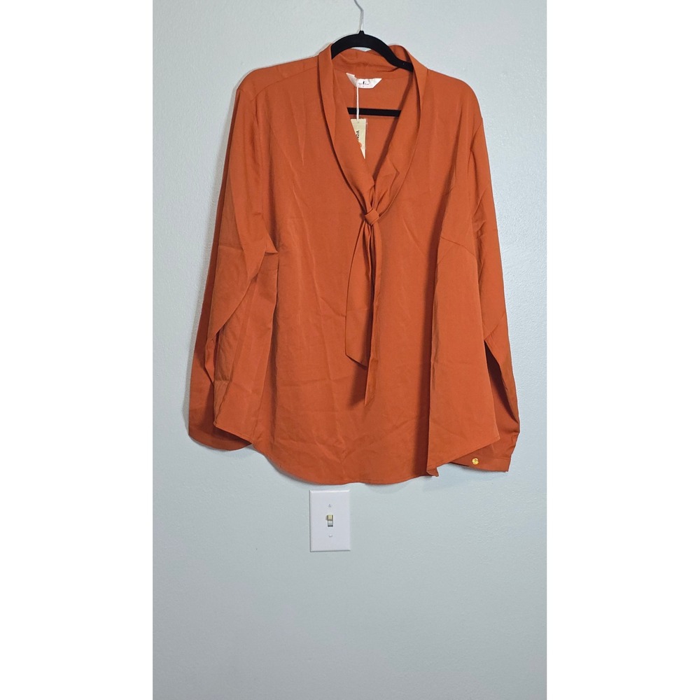 Agnes Orinda Womens 3X Burnt Orange Tie Neck Long Sleeve Blouse NWT